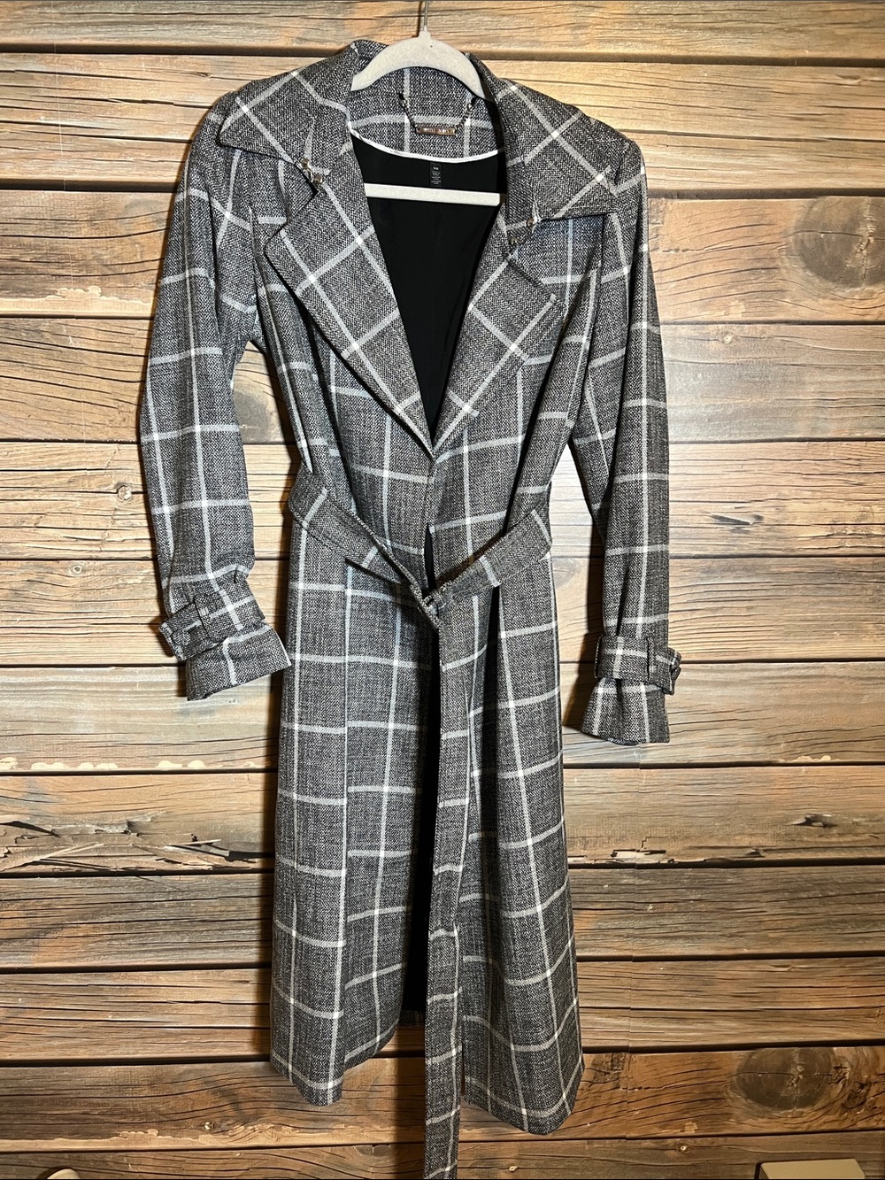 Womens Gray Plaid Trench Dress with Belt